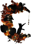 Halloween Wreaths for Front Door with Light, Black Cat Crescent Moon Wreath, Cute Cat Garland Halloween Door Decorations for Outdoor Indoor Decor Wall Window Home Party