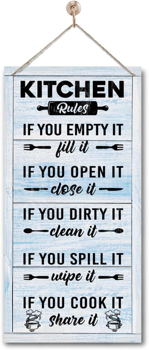 Hanging Kitchen Rules Wood Decor Sign, Rustic Kitchen Wooden Signs, Printed Wood Wall Art Sign, Kitchen Door Rules Rustic Sign, Hanging Wood Sign Kitchen Decor, Funny Farmhouse Kitchen Wall Décor D1