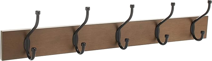 Amazon Basics Rectangular Farmhouse Wall-Mounted Coat Rack with Storage Hooks, 5 Hooks, Barnwood