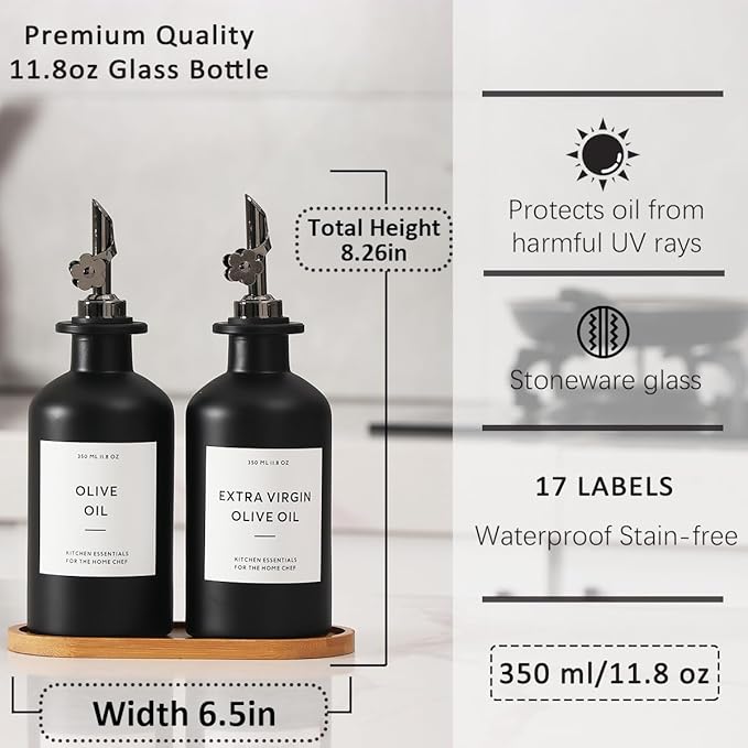 HOMCDALY Olive Oil Dispenser for Kitchen, 11.8oz Glass Kitchen Dispenser Bottle, Black Oil&Vinegar Cruet Set, Leakproof Olive Oil Bottles | Set of 2 (11.8oz – Black)
