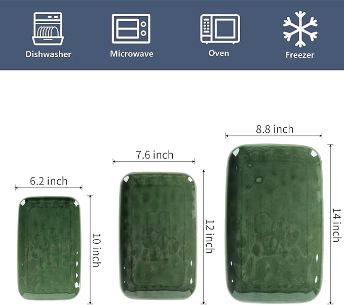 vicrays Ceramic Rectangle Serving Platters - 14" 12" 10" Porcelain Serving Trays Plates for Party BBQ Appetizers Sushi Dessert - Microwave Oven and Dishwasher Safe - Set of 3 Green