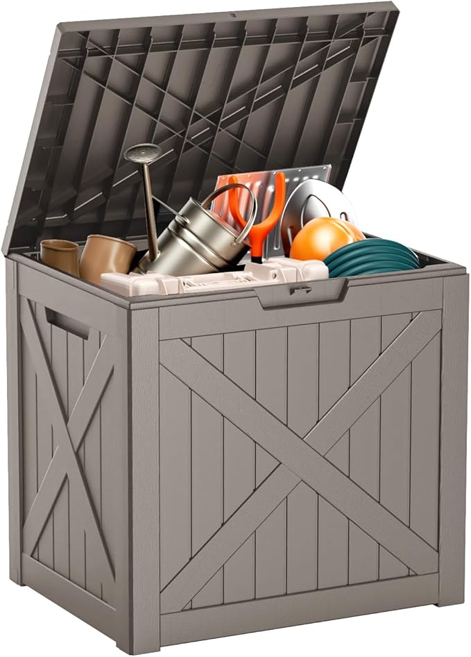 Vixzen 32 Gallon Resin Deck Box - Lockable Outdoor Storage for Patio Cushions, Garden Tools, Pool Supplies，Grey