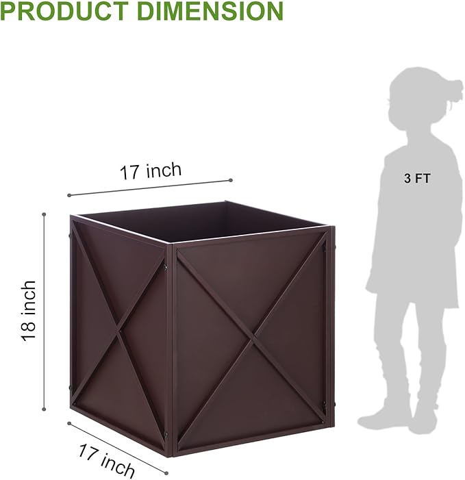 Metal Square Planter Box Tall Planters for Outdoor Plants Modern Heavy Duty with Drainage Holes for Outside Indoor Patio Deck - Brown, 17”x 17”x 18”