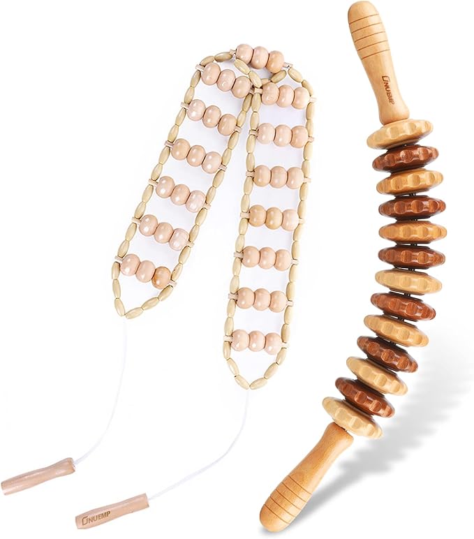 ONUEMP 2PCS Wood Therapy Massage Tools, Wooden Massage Roller Stick & Back Massager Roller Rope, Maderoterapia Kit Colombiana for Lymphatic Drainage, Anti Cellulite, Body Sculpting, Ease Deep Tissue