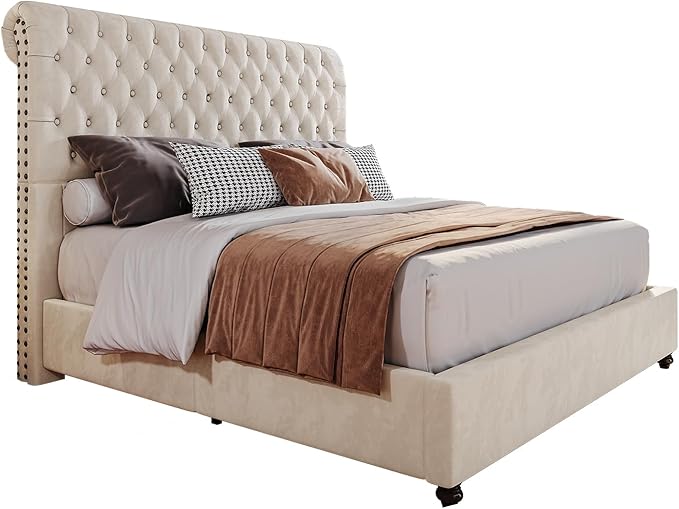 PaPaJet Bed Frame Queen Size Upholstered Platform Bed with 52.8'' Tall Sleigh Headboard, Button Tufted, No Box Spring Needed, Easy Assembly, Cream