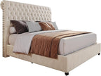 PaPaJet Bed Frame Queen Size Upholstered Platform Bed with 52.8'' Tall Sleigh Headboard, Button Tufted, No Box Spring Needed, Easy Assembly, Cream