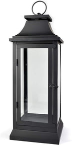 Serene Spaces Living Black Metal Hurricane Lantern with Clear Glass Panels – Hanging or Tabletop Decorative Lantern for Indoor & Outdoor – Weddings, Parties, Home Decor, 20" Tall & 7.75" Square