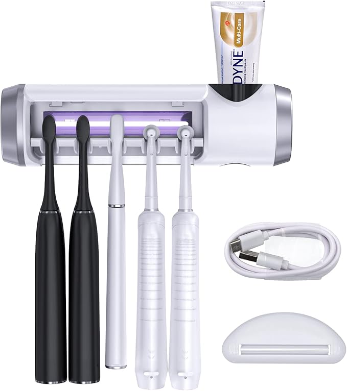 SARMOCARE Toothbrush Holder Cleaner with Fan Drying & 6min Timing Function, 5 Toothbrush Slots, Rechargeable Bathroom Wall Mounted Fit Sonic and Manual Toothbrushes