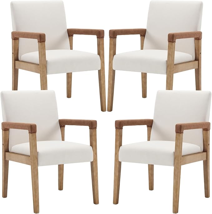 Mid Century Modern Dining Chairs Set of 4 Fabric Upholstered Living Room Side Chair, Kitchen Arm Chair with Solid Wood Legs for Home Restaurant, Linen White