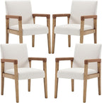 Mid Century Modern Dining Chairs Set of 4 Fabric Upholstered Living Room Side Chair, Kitchen Arm Chair with Solid Wood Legs for Home Restaurant, Linen White