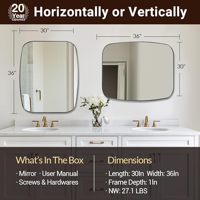 ANDY STAR Brushed Nickel Bathroom Mirror, 30x36’’ Oblong Mirror with Stainless Steel Metal Frame, Silver Oval Vanity Mirror for Over Sink, Modern Anti Rust Wall Mounted