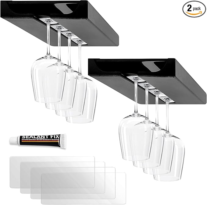 2PC Black Wooden Hanging Wine Glass Rack - Wall Mount Stemware Holder 25.3x11x2 cm - Space Saving Bar Organizer for Kitchen, Dining Room Home Decor (2pc)