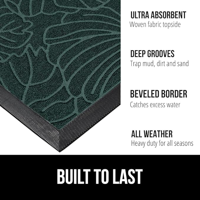 GORILLA GRIP 100% Waterproof All-Season WeatherMax Doormat, 34x58, US Designed Natural Rubber, Stain and Fade Resistant, Low Profile Indoor Outdoor Door Mats, Easy Clean Patio Mat, Green Palm