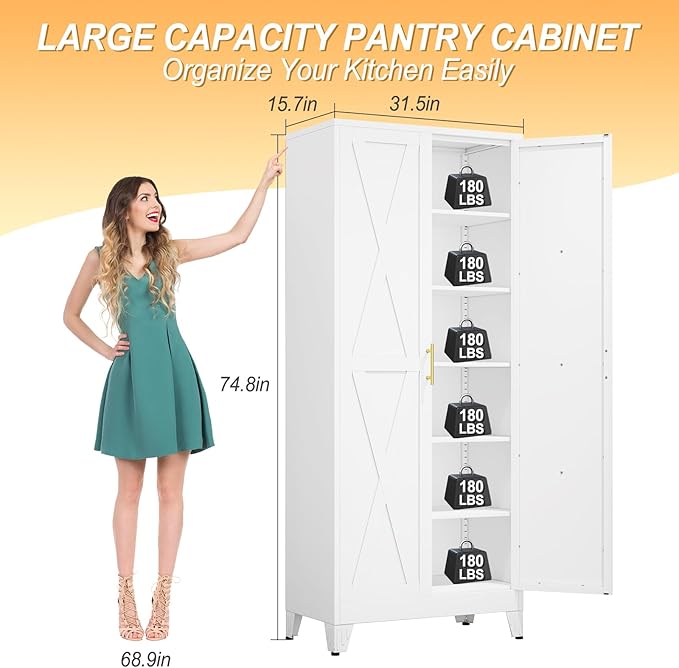 75" Tall Metal Kitchen Pantry Storage Cabinet, Freestanding Cupboard with 2 Doors and 5 Adjustable Shelves, Standing Storage for Kitchen, Bathroom, Garage, Dinning Room or Utility Room（White）
