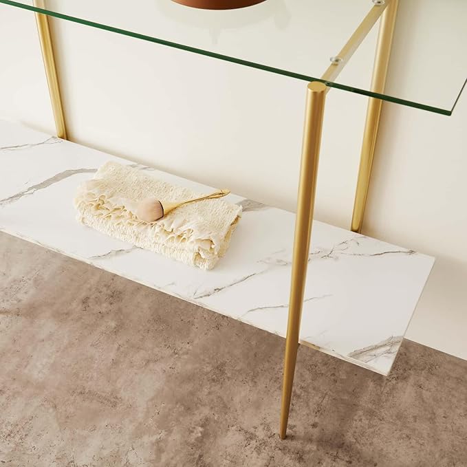 Glass Console Table for Living Room, Foyer & Entrance, 2-Tiers Mid-Century Modern Sofa Table with Clear Glass Top, White Marble Finish Wood Shelf and Gold Finish Frame