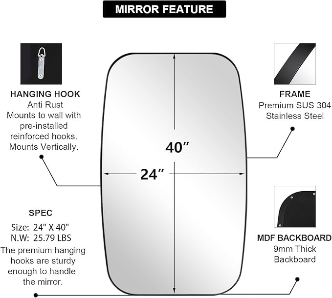 ANDY STAR 24x40” Black Bathroom Mirror, Oblong Vanity Mirror with Stainless Steel Metal Frame, Matte Black Oval Mirror for Over Sink, Modern Anti Rust Wall Mounted