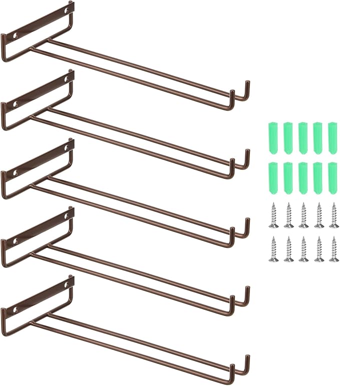 uxcell 5Pcs Wine Glass Rack, 10.43 Inch Iron Wine Glasses Rack Under Cabinet Stemware Rack - Wall Mountable Wine Glass Holder Storage Hanger for Bars Coffee Restaurants Kitchens, Bronze