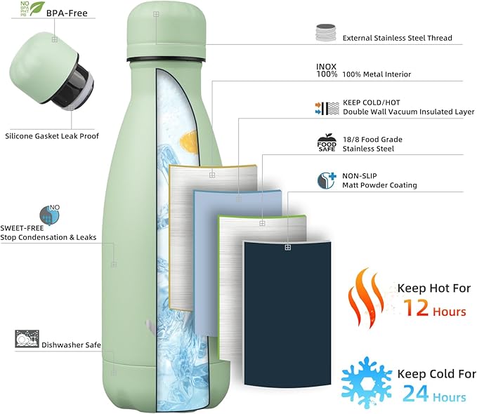 Insulated Water Bottles,12 oz Double Wall Stainless Steel Vacumm Metal Flask for Sports Travel,Macaron Green
