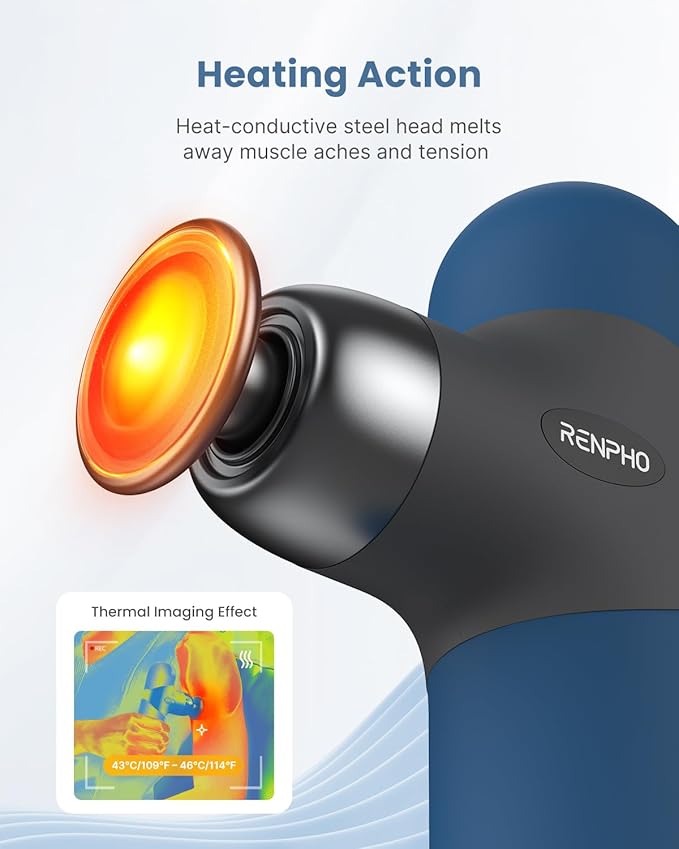 RENPHO Mini Thermal Massage Gun with Heat, Portable Deep Tissue Percussion Massager, Color Silicone Sleeves Travel Size with Carry Case, Aegean Blue