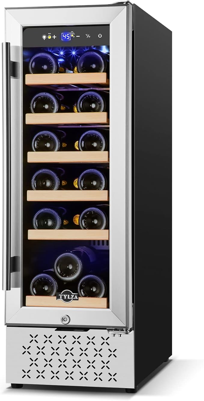 Tylza 12" Wine Cooler Refrigerator 18 Bottle Capacity, Compact Freezerless, Temperature Stability, Low Noise, Double-Layer Tempered Glass Door