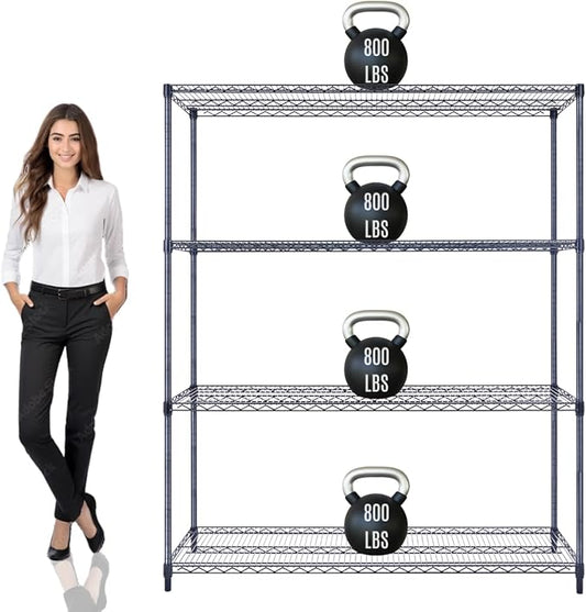 60"x18"x72" Prime Heavy Duty Black 4-Tier Wire Shelving NSF 3200 LBS MAX Capacity Storage Rack for Commercial, Hospital, School, Garage, and Kitchen Uses (with Wheels)