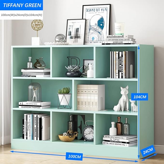 IOTXY Open Shelf Low Bookcase - Wooden 3-Tier Floor Standing Display Cabinet Organizer with Base, 8 Cubes Short Horizontal Bookshelf in Tiffany-Green
