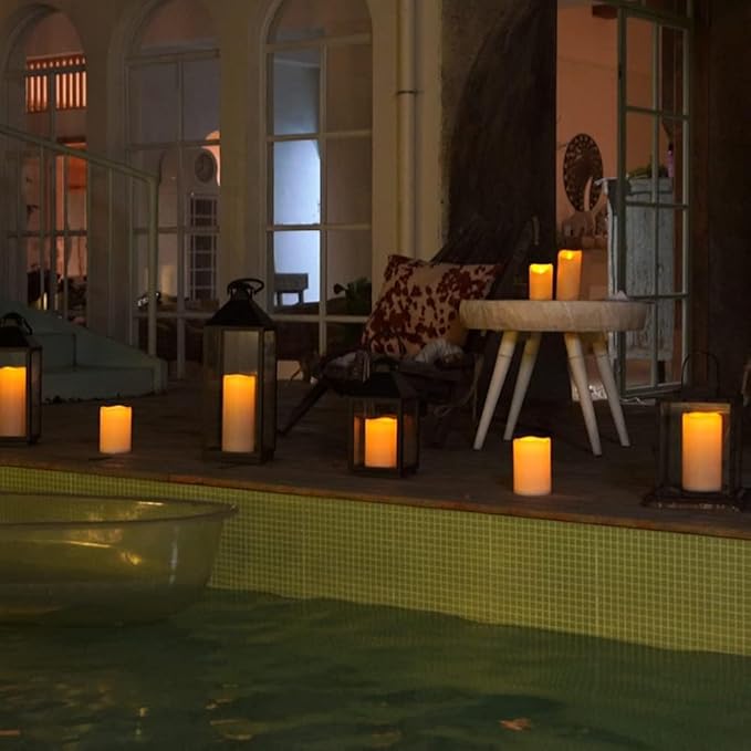 Homemory 4" x 8" Waterproof Outdoor Flameless Candles, Battery Operated Flickering LED Pillar Candles with Remote and Timers for Indoor Outdoor Lanterns, Long Lasting, Large, Dark Ivory, Set of 4