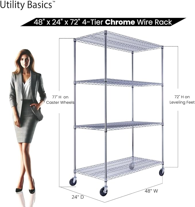 48"x24"x72" Chrome Premium Metal Steel Wire Shelving 4-Tier NSF 3200 LBS MAX Capacity Heavy Duty Storage Rack for Garages, Commercial Spaces, Hospitals, & Schools w/Premium Wheels