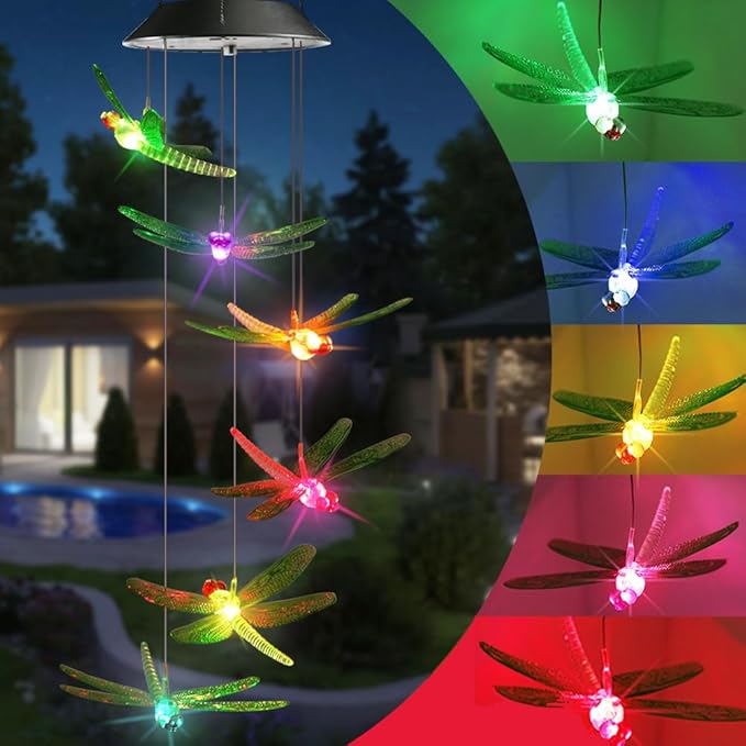 Toodour Solar Wind Chimes Outdoor, Color Changing Solar Lights Dragonfly, Gifts for Mom Grandma, Waterproof Decorative Mobile Light, Gardening Gift for Garden,Patio, Window, Yard, Outdoor Decor