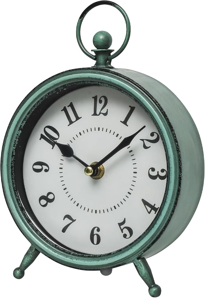 Vintage Small Rustic Green Table Clock on Stand - Decorative Desk and Shelf Clock, Battery Operated, Silent Non-Ticking Timepiece Perfect for Office, Living Room, and Bedroom Decor