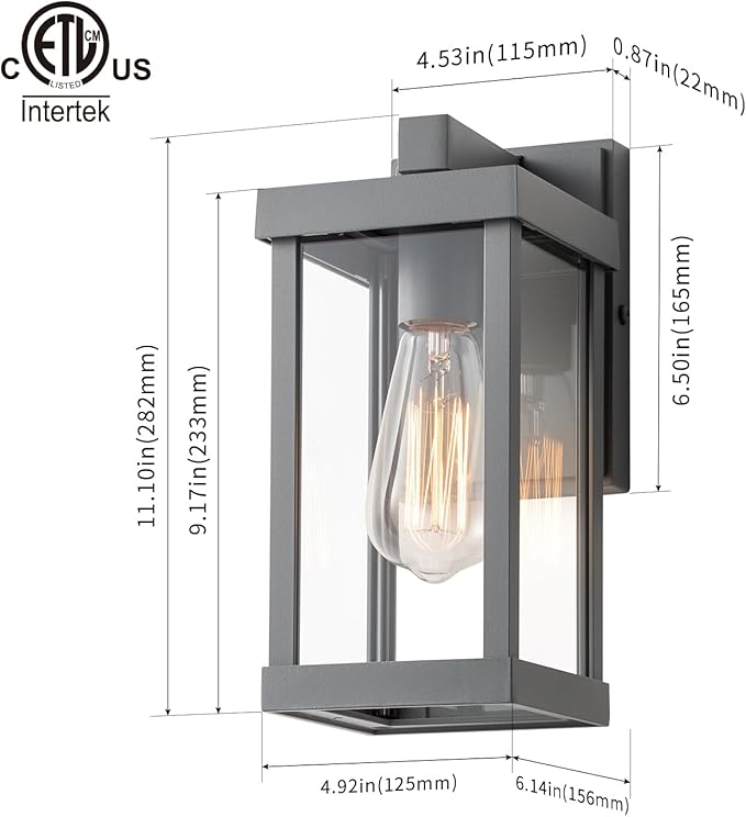mirrea 11" Classic Outdoor Wall Sconce 1 Light in Matte Gray Rectangular Metal Frame and Clear Glass Shade Waterproof Porch Light Patio Light Pack of 2