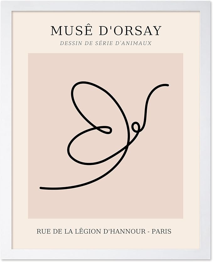 Poster Master Vintage Poster - Retro One Line Butterfly Drawing Print - Butterfly Line Art - Minimal Gift for Him, Her, Animal Lover - Abstract Decor for Home, Office, 11x14 White Framed