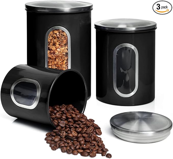 Moss & Stone 3-Piece Black Canisters Sets For The Kitchen, Airtight Canister Set With See Through Window, Storage Jars for Coffee Container, Tea Organizer & Sugar Canister, Black Kitchen Canisters