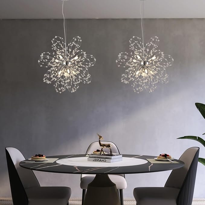 Modern Small Chandeliers, Sputnik Sunflower Crystal Beaded Hanging Lamps, Round Chrome Dandelion Pendant Light for Kitchen Island Bathroom Bedroom Entryway (Chrome 8Lights)