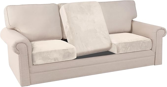 PrinceDeco Stretch Sofa Cushion Covers for Couches and Sofas,Soft Velvet Couch Seat Covers, Sofa Covers Washable, Seat Cushion Cover for 3 Couch Sofa Pet Friendly - Ivory, Each Width Up to 29.5"