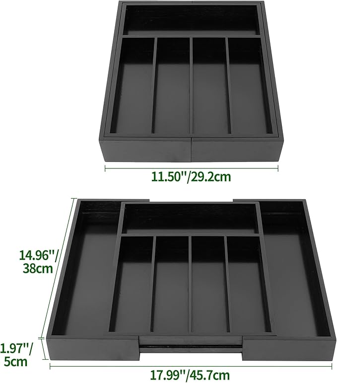 VaeFae Bamboo Drawer Organizer, Expandable Silverware Drawer Organizer, Cutlery Tray with Dividers for Kitchen Utensils (Black, Medium)