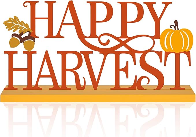 COCHIE Metal Happy Harvest Sign, Orange Fall Decorations for Home, Office, Shelf, Mantel, Indoor, Autumn Pumpkin Decoration, Hello Fall Leave Decor (Harvest)
