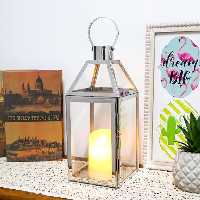 JHY Design Silver Decorative Lanterns 16inch High Stainless Steel Candle Lanterns with Tempered Glass for Indoor Outdoor Events Parities and Weddings