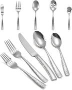 Silverware 45-Piece Silver Hammered Flatware Set with Serving Utensils Stainless Steel Thick Handle Mirror Polished Cutlery Set for Wedding Hotel Restaurant, Service for 8