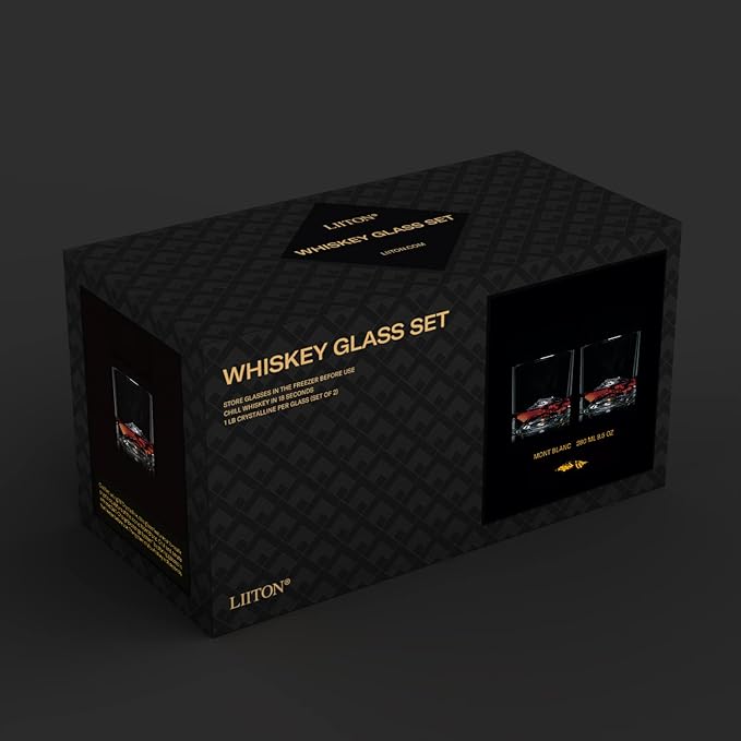 Mont Blanc Heavy Crystal Whiskey Glasses Gift Set of 2, Thick Freezable Bourbon Glass 1lb Each, Premium Whiskey Gifts for Men, Frozen Crystal Chills Cocktails, 10 oz