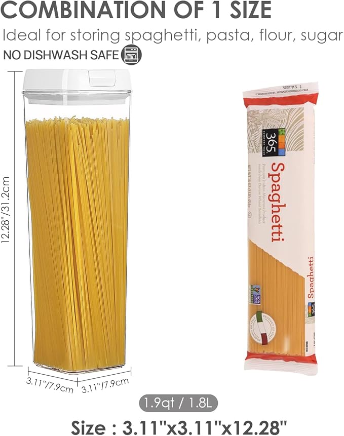 Vtopmart 4 PCS Airtight Food Storage Containers, BPA Free Plastic Spaghetti Pasta Containers with Easy Lock Lids, for Kitchen Pantry Organization and Storage, Include 24 Labels, 1.8L