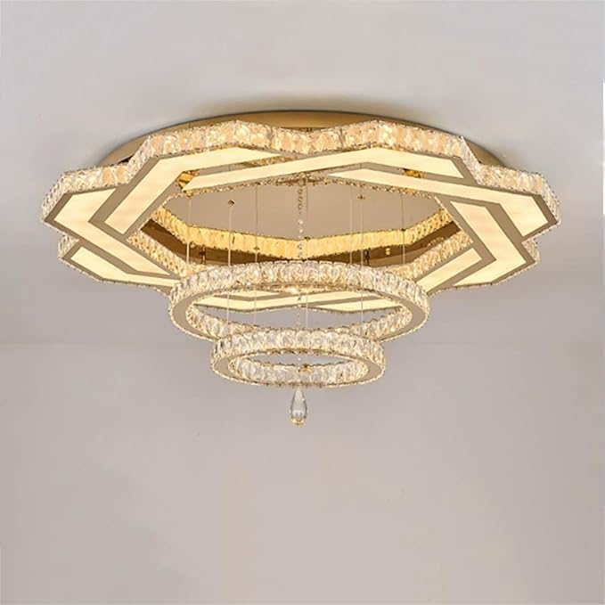 Flashing God Crystal Chandeliers Dia 32" Gold Chandelier Flush Mount Ceiling Light for Bedroom Living Room Dining Room Hallway Dimmable 3 Rings LED Celing Lighting Fixtures