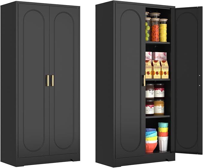 60" Tall Kitchen Pantry Cabinet, Metal Pantry Cabinet with Doors and Adjustable Shelves, Black Utility Storage Cabinet with Handles for Dining Room, Bathroom, Laundry Room - Assemble Required