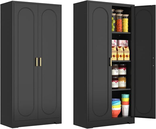 60" Tall Kitchen Pantry Cabinet, Metal Pantry Cabinet with Doors and Adjustable Shelves, Black Utility Storage Cabinet with Handles for Dining Room, Bathroom, Laundry Room - Assemble Required