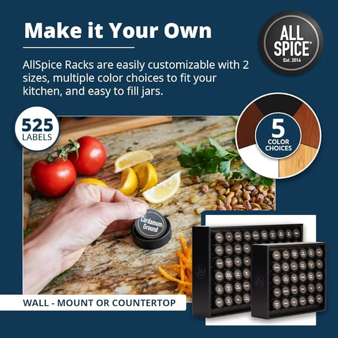 AllSpice Spice Rack Organizer, Wood, 525 Unique Labels, Countertop or Wall Mount, Includes 30 4oz Jars- Matte Black