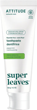 ATTITUDE Fluoride-Free Fresh Breath Toothpaste, Peppermint Flavor, Vegan & Cruelty-Free, Sugar-Free, Plant & Mineral-Based Ingredients, Clean Oral Care, 4.2 Oz