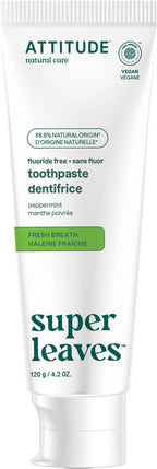 ATTITUDE Fluoride-Free Fresh Breath Toothpaste, Peppermint Flavor, Vegan & Cruelty-Free, Sugar-Free, Plant & Mineral-Based Ingredients, Clean Oral Care, 4.2 Oz
