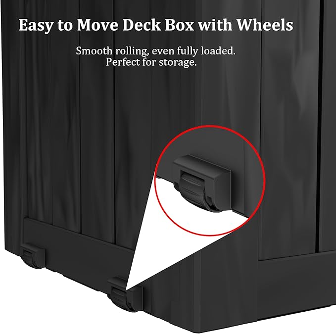 80 Gallon Outdoor Storage Box with Wheels, Waterproof Lockable Resin Deck Box Patio Storage Bin for Pool Accessories Cushion Furniture, Garden Tools, UV-Resistant Outside Delivery Black