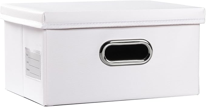 PRANDOM Collapsible Storage Box with Lid [1-Pack] Leather Fabric Foldable Storage Bin Organizer Container Basket Cube with Cover for Home Bedroom Closet Office Nursery White (13.6x9.6x6.9)