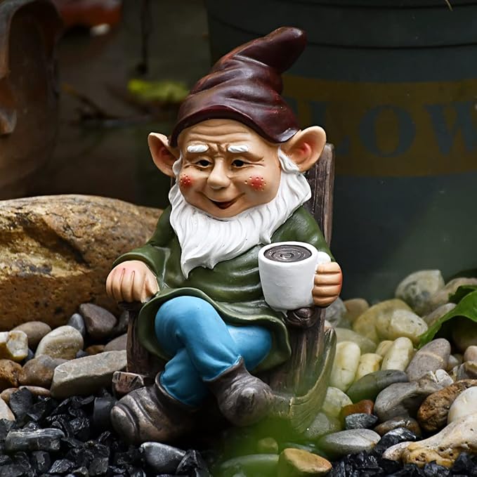 OwMell Drinking Coffee Garden Gnome Statue Decoration 7.3" Figurine Ornament for Indoor Outdoor Home Patio Yard Lawn - Coffee